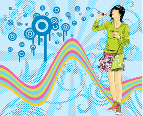 emo girl blowing bubbles, with background