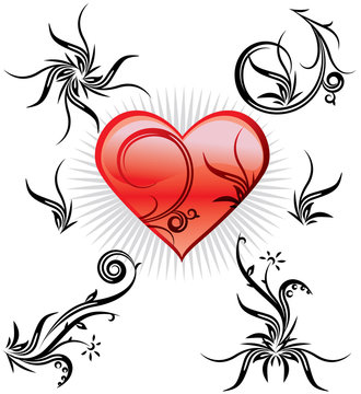 set of floral elements and heart