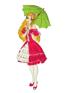 young girl in red loly styled dress with green umbrella