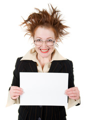 crazy businesswoman holding a whiteboard