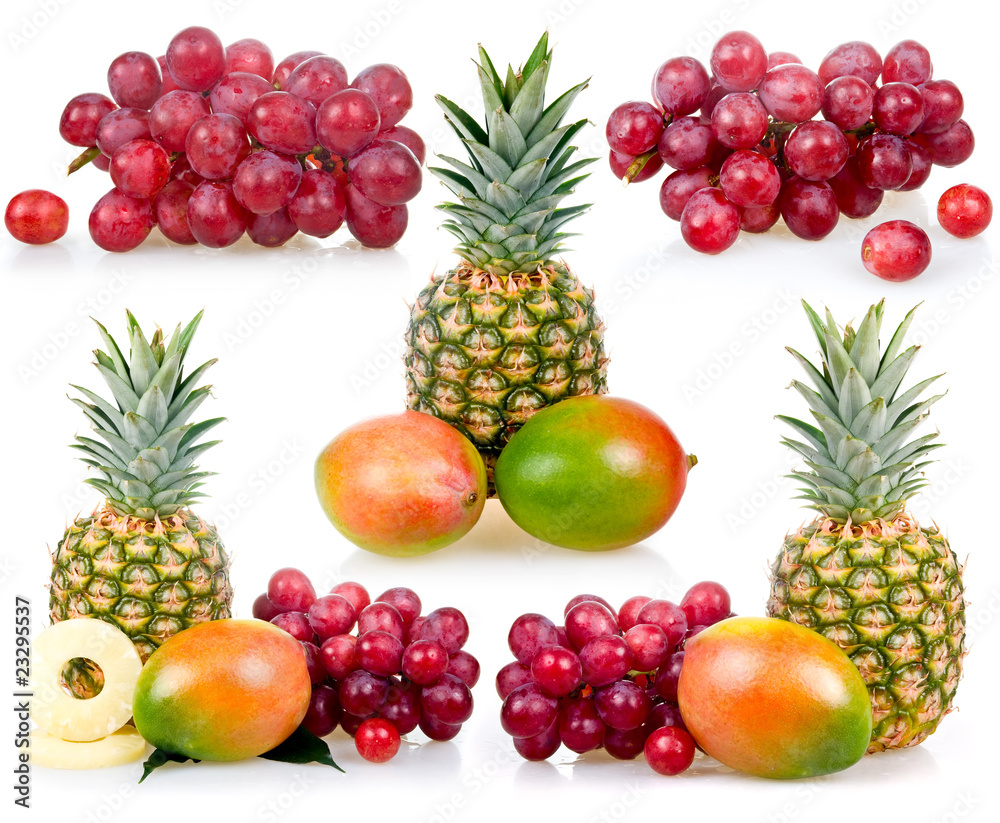 Wall mural Set of Pineapple, mango and grapes