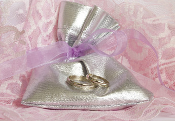 wedding rings on silver bag