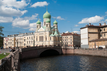 Sightseeing of Saint-Petersburg, Russia. Church and bridge