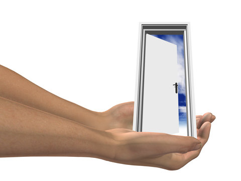 High resolution white door held in hands, opened to a blue sky