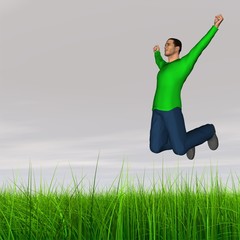 High resolution conceptual 3D human jumping happy in grass