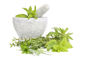 Mortar with mint and other herbs - obrazy, fototapety, plakaty