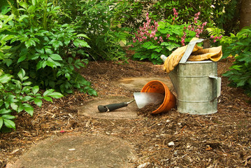 Closeup of Tools on the Forest Path Set up and Ready to Garden