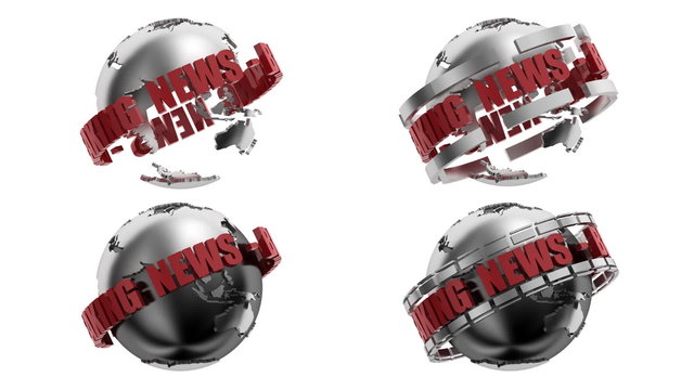 Four versions of rotating globe w/news banner w/alpha matte