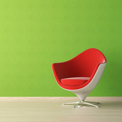 Interior design of red chair on green wall