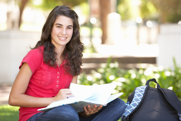 Obraz premium Female Teenage Student Studying In Park