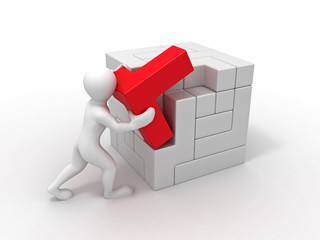 Men with a cube built from blocks. Puzzle