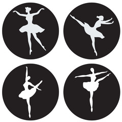Dancing ballerina silhouettes isolated on black circles