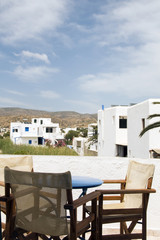 Greek island Ios hotel patio with view of classic architecture