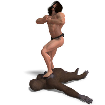 apeman defeated the gorilla. 3D rendering with clipping path and