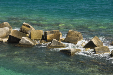 Close up of rocks in sea.