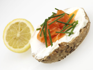 Halved Wholemeal Bagel with Smoked Salmon and Cream Cheese