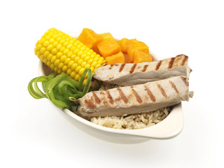 Tuna Steak with Steamed Vegetables and Brown Rice