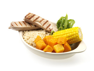 Tuna Steak with Steamed Vegetables and Brown Rice