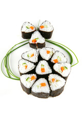 served shushi rolls on white