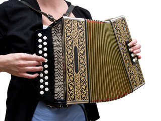 Woman playing traditional accordion isolated on white