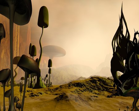 Alien misty desert landscape