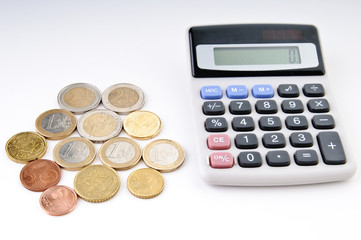 Euro coins and calculator