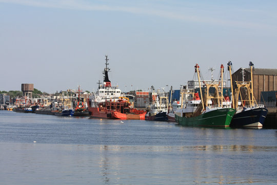 Fishing trawlers in harbor