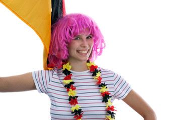 Frau als Fussball Fan schwenkt Deutschland Fahne