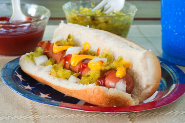 Loaded frankfurter with condiments and flag plate