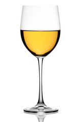 White wine in a glass on a white background