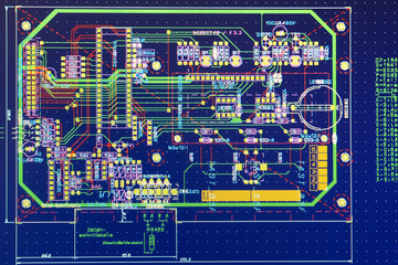 printed circuit board layout on a screen - obrazy, fototapety, plakaty