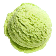 Obraz premium Scoop of mint or pistachio ice cream from top or top view isolated on white background with clipping path