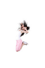 Girl jumping isolated on white background .