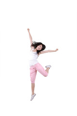 Girl jumping isolated on white background .