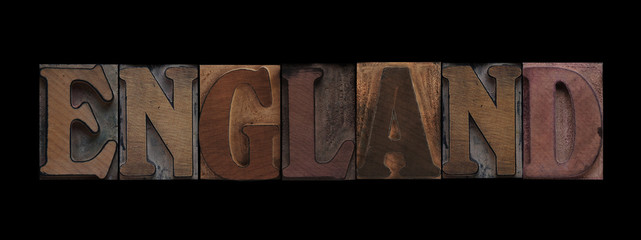 the word England in old letterpress wood type
