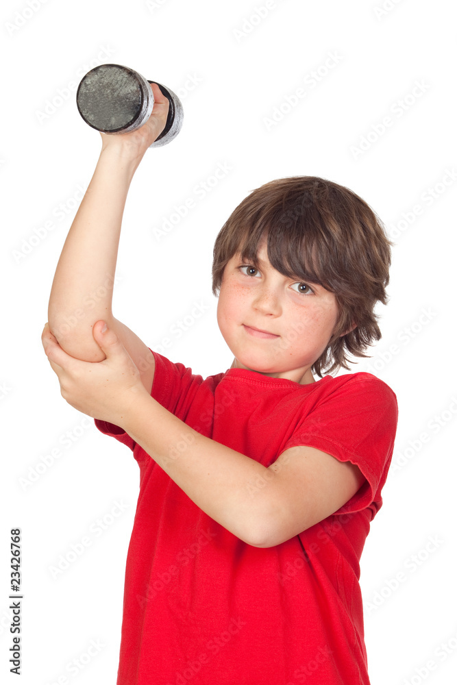 Poster funny child playing sports with weights