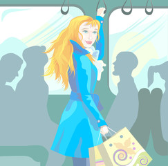 Vector illustration with blond girl and people silhouettes.
