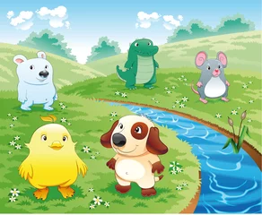 Foto op Plexiglas Baby huisdieren in de buurt van de rivier. Cartoon en vector illustratie. © ddraw
