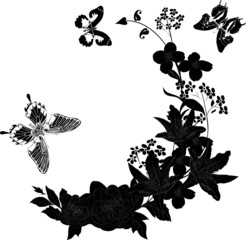 flowers and three black butterflies