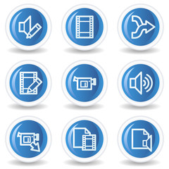 Audio video edit web icons, blue glossy circle buttons