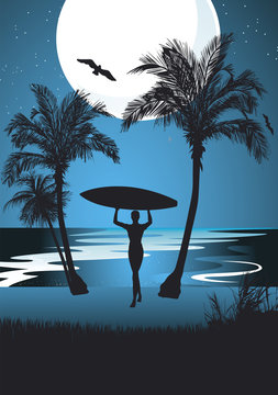 Tropical night and surfer