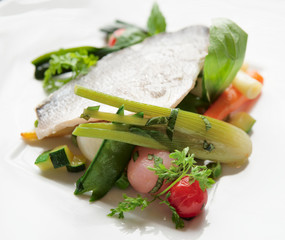 Boiled seabass with steamed vegetables