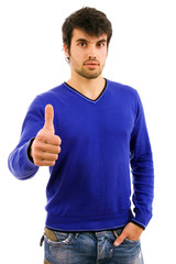 young casual men tumbs up on white background