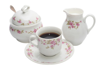 coffee-pot with several objects isolated on white.