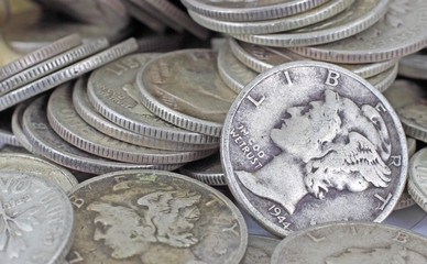 Close view of old silver bullion