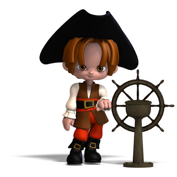 sweet and funny cartoon pirate with hat. 3D rendering with clipp