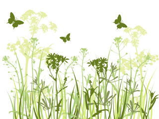 green background with grass and butterflies