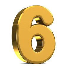 Number 6, in gold metal on a white isolated background