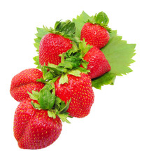 Ripe strawberries with green leaves