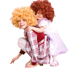 Group of curly child in doll costume.